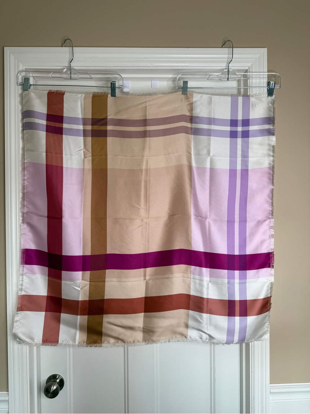NWOT Echo for Talbots Silk Plaid Square Scarf in Beige, Pink & Burgundy